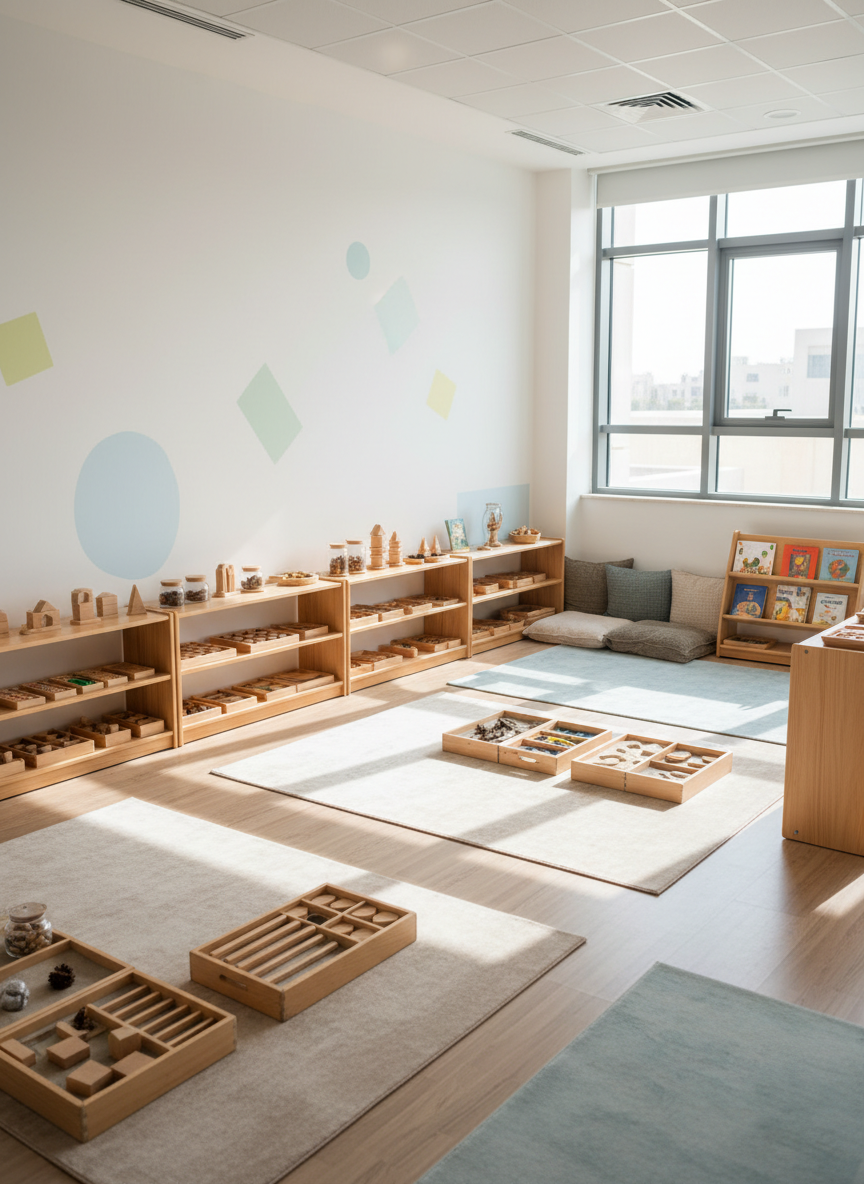 A Montessori-inspired early learning area within a Jordanian international school, shown in photographic realism from a slightly elevated, wide-angle view. Low, natural-wood shelves hold carefully arranged educational materials such as wooden blocks, color tablets, and sensory trays, all neatly organized at child height. Soft, neutral rugs delineate individual activity zones on a light wooden floor. Large windows allow gentle midday sunlight to wash the room, creating soft, inviting shadows and warm highlights on the natural materials. The walls are mostly white with subtle pastel accents, featuring abstract shapes instead of text or characters. A small reading corner with floor cushions and a few open-faced book displays adds comfort. The atmosphere is calm, nurturing, and purposeful, clearly designed for independent exploration and early international education without any visible children.
