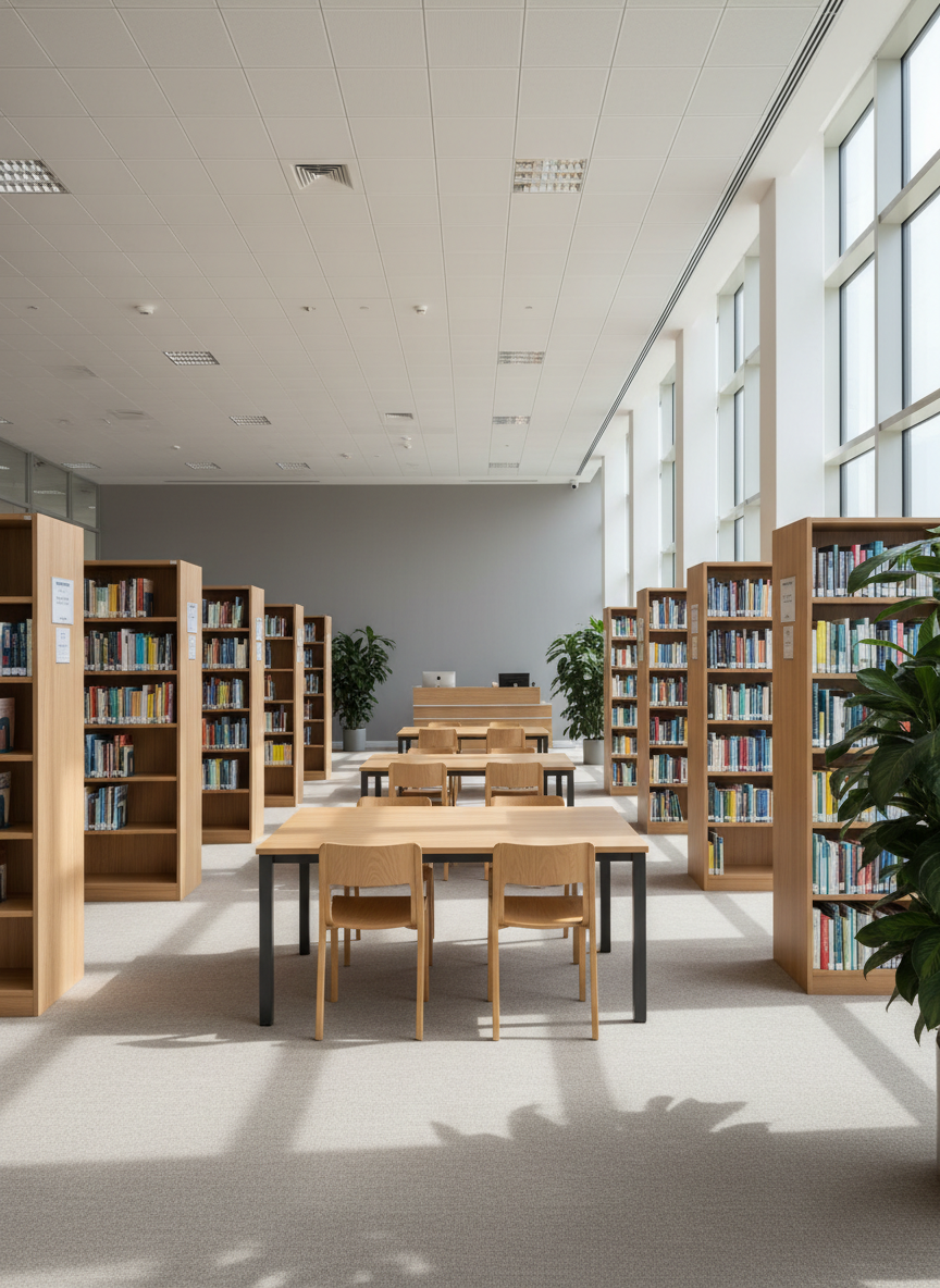 A serene, well-organized international school library in Zarqa, captured in photographic realism with an inviting, eye-level composition. Tall, light-wood bookshelves form controlled aisles, filled with books whose spines show varied muted colors without legible titles. In the center, several large study tables with smooth wooden tops and simple, comfortable chairs are neatly arranged. Floor-to-ceiling windows on one side allow soft, diffused daylight to spill across a neutral carpet, creating gentle, elongated shadows and a calm, scholarly mood. A minimalist information desk stands in the background, while a few potted plants add fresh green accents. The overall atmosphere feels quiet, focused, and intellectually rich, suggesting a world-class academic resource space that supports both American and British curricula without depicting any people.