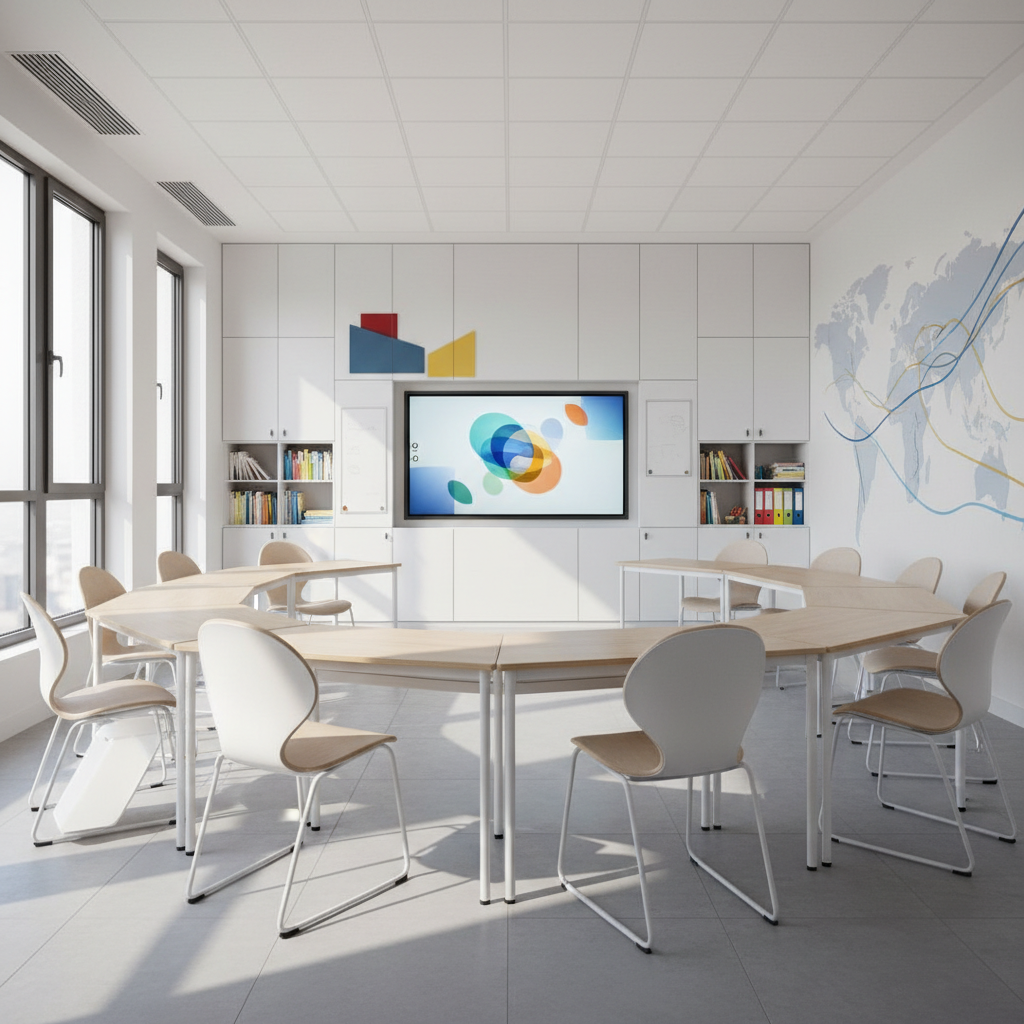 A bright, high-tech international school classroom designed for American and British curricula, shown in photographic realism at eye level. Sleek individual desks with light wood surfaces and ergonomic chairs are arranged in a semi-circle facing a large interactive digital screen mounted on a pristine white wall. Colorful but subtle educational posters are suggested through abstract shapes, avoiding readable text. Large windows on one side flood the room with soft morning sunlight, casting gentle, organized shadows on polished tile floors. Built-in storage cabinets and neatly arranged learning materials line the back wall. The atmosphere feels orderly, inspiring, and globally focused, with clean modern lines and a balanced composition that emphasizes academic excellence and readiness for advanced study.