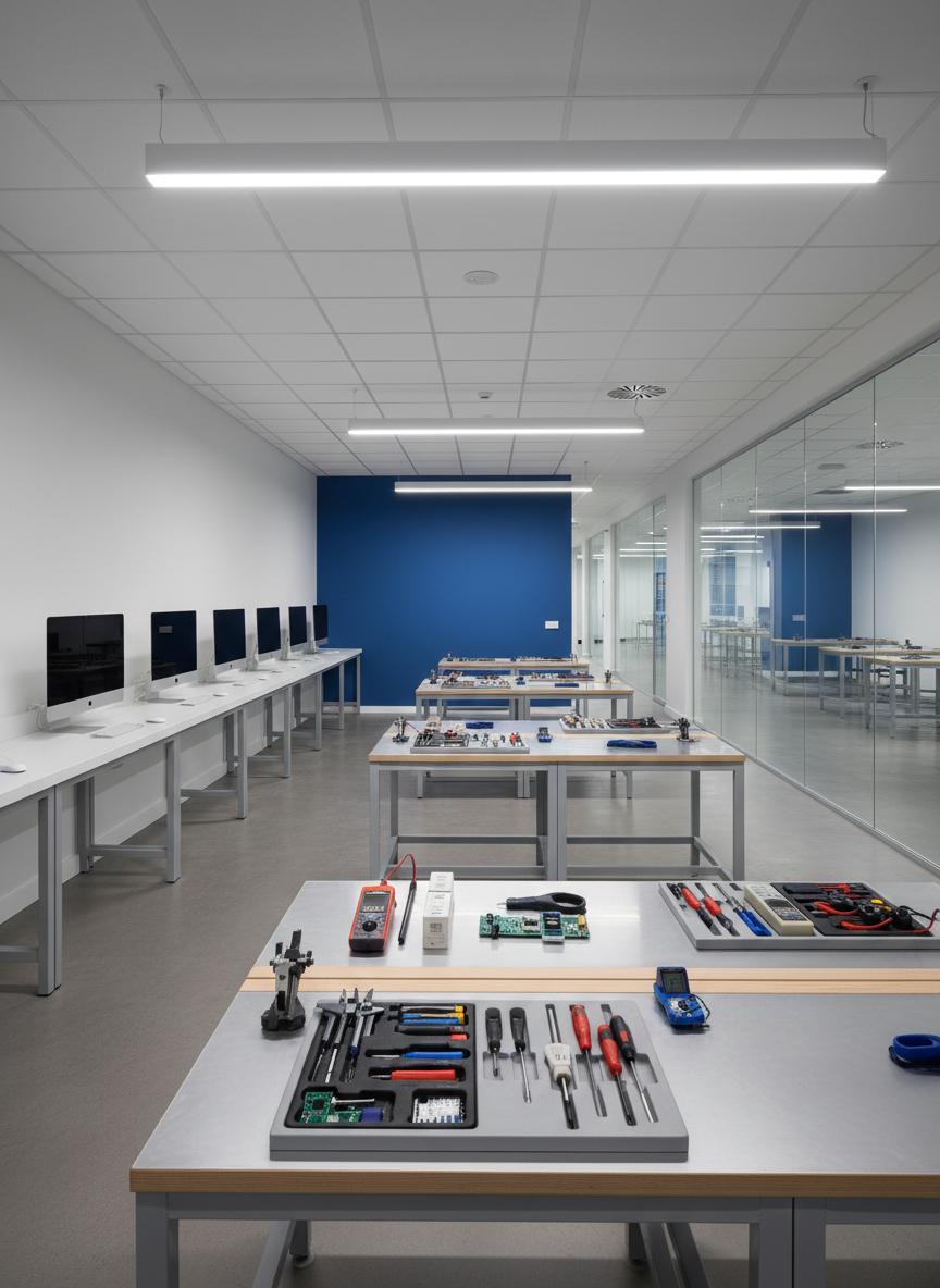 A specialized vocational learning space inspired by British professional programs, rendered in photographic realism. The scene shows a modern workshop-style classroom with sturdy light-gray worktables, neatly arranged technical tools, and sleek computers along one side. The floor is clean, matte-finished concrete, and the walls combine neutral white with a single accent panel in a deep academic blue. Overhead, linear LED lights provide bright, even illumination, creating minimal shadows and a focused atmosphere. Large interior windows reveal adjacent classrooms and corridors, hinting at an interconnected campus. Shot from a slightly low angle to give the room a sense of importance, the composition emphasizes structure and equipment, suggesting practical, career-oriented learning in engineering, design, or technology, while remaining free of people and readable text.